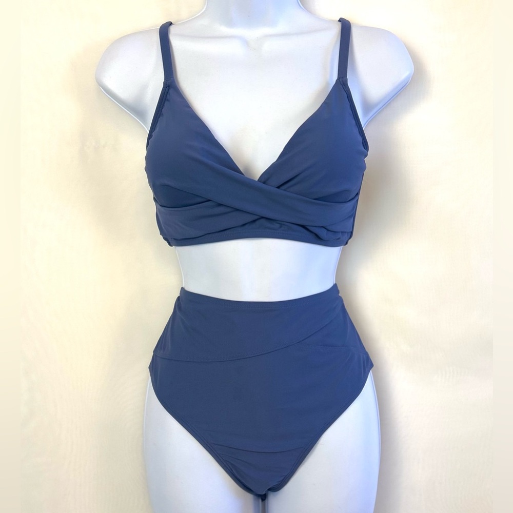 NWT Cupshe Women’s Slate Blue Cross Wrap Top Bikini Swimsuit Set / Medium